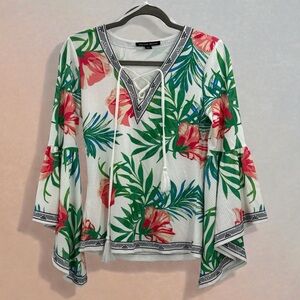 Boston Proper Tropical Bell Sleeve Top Floral Palm Tassel Boho Resort Blouse
